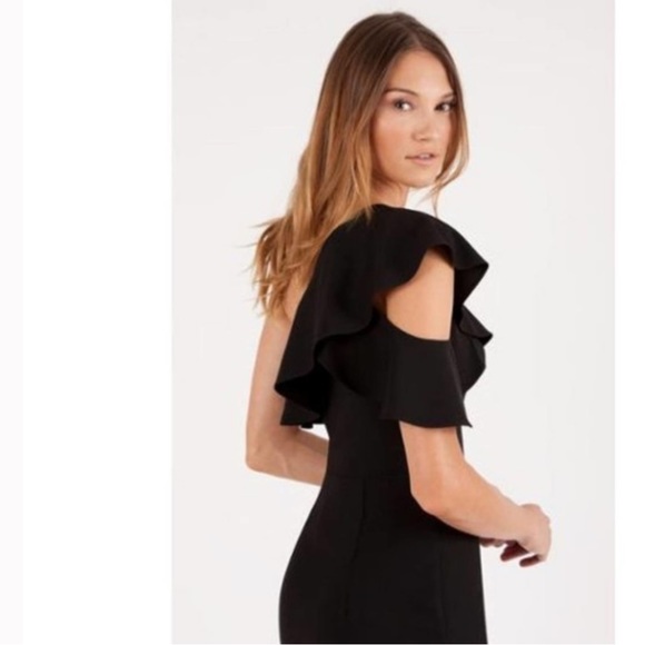 Black halo Kimora sheath a draped flounce trims the one shoulder neckline size 2 - Picture 1 of 5